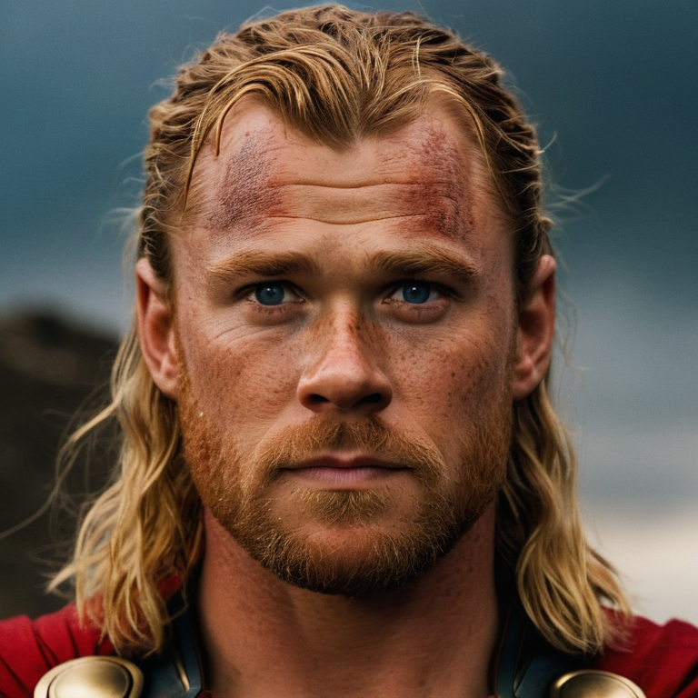 front shot, actor photo of a Thor freckles  looks at viewer, cinematic shot