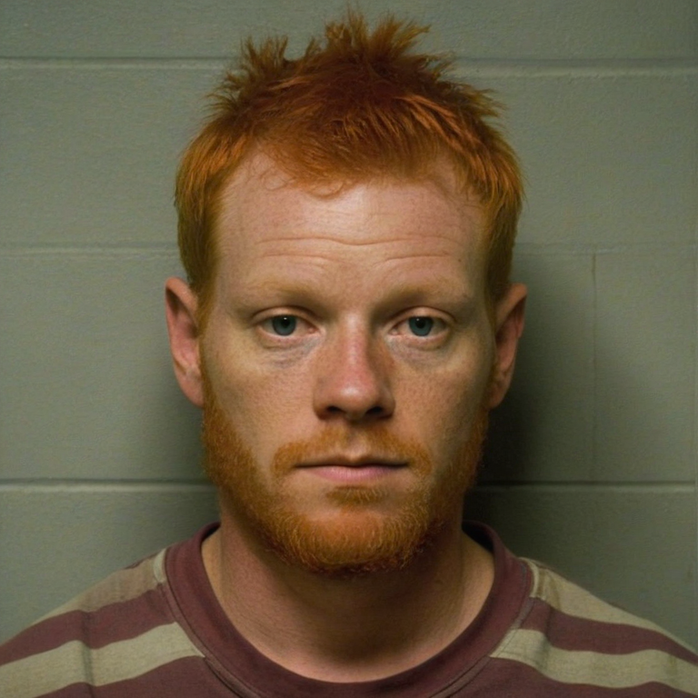 front shot, mugshot photo of a man with no beard and red hair  looks at viewer, cinematic shot