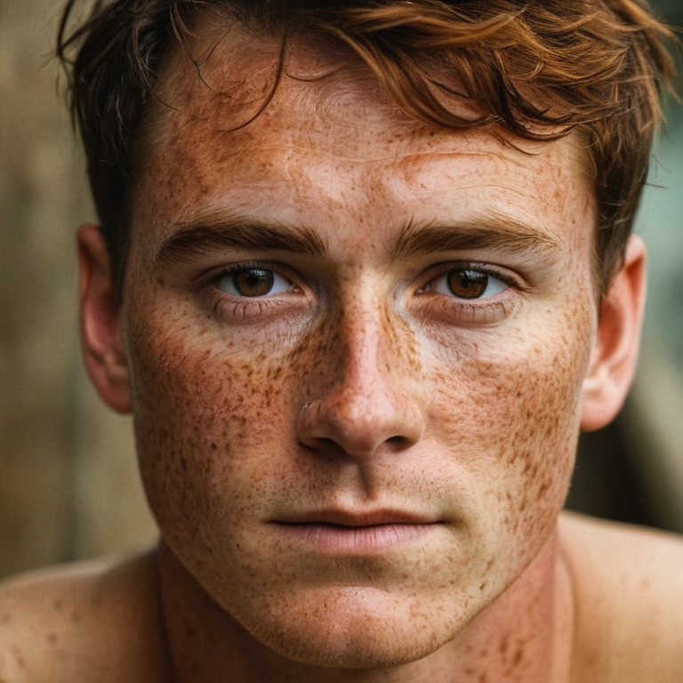 front shot, actor photo of a Man brown hair freckles  looks at viewer, cinematic shot