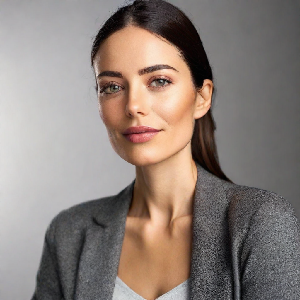 front shot, photo of sleek, modern figure with soft, welcoming features—friendly eyes that convey warmth and understan