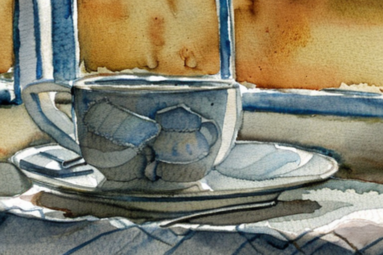AI generated art representing "Generate a cozy watercolor scene depicting a window with raindrops streaming down the glass, a steaming cup of tea or coffee, and a soft, fuzzy blanket, using a color palette of cool blues, grays, and warm browns."