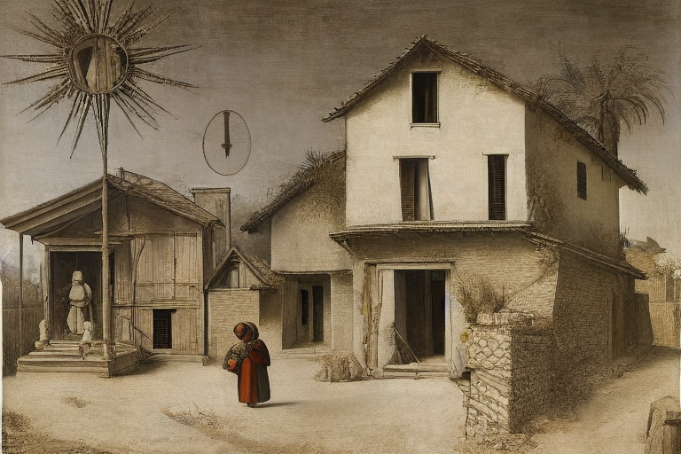 A person standing in front of a house on a sunny day by da Vinci by Picasso
