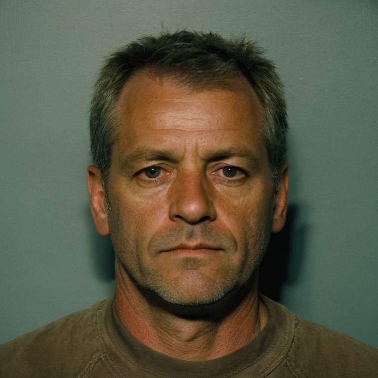 front shot, mugshot photo of a middle aged man  looks at viewer, cinematic shot