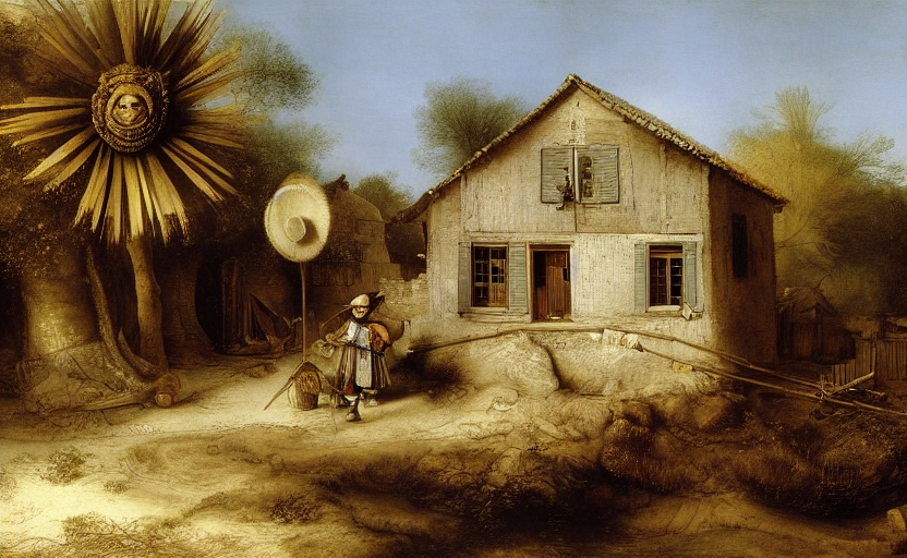 A happy person standing in front of a house on a sunny day  by Rembrandt