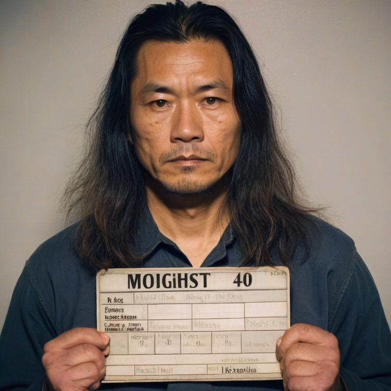 front shot, mugshot photo of a Asian man 40s long hair  looks at viewer, cinematic shot
