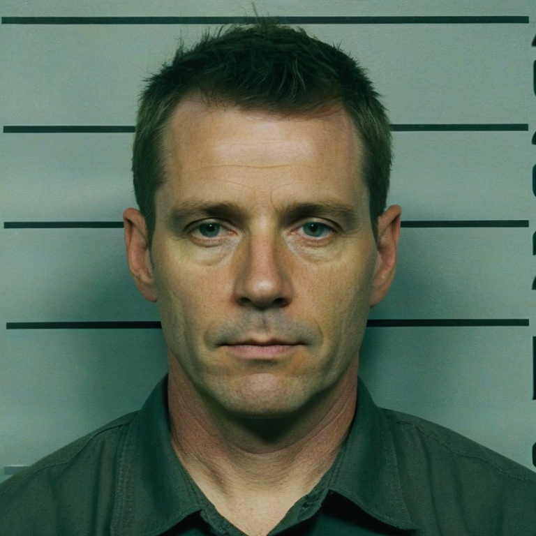 front shot, mugshot photo of a white man 40s, clean shaven  looks at viewer, cinematic shot