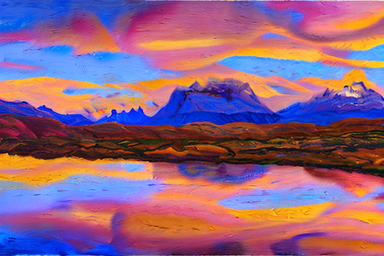 AI generated art representing "Softly lit clouds hang in the sky, reflecting the colours of the golden hour like an Impressionist painting. The Cordillera del Paine in Chile of summer is lit up in the most beautiful of symmetry, with brushstrokes of vibrant yellows, oranges, and purples. The horizon is a mix of dappled light and texture, a melange of delicate hues and subtle shadows."