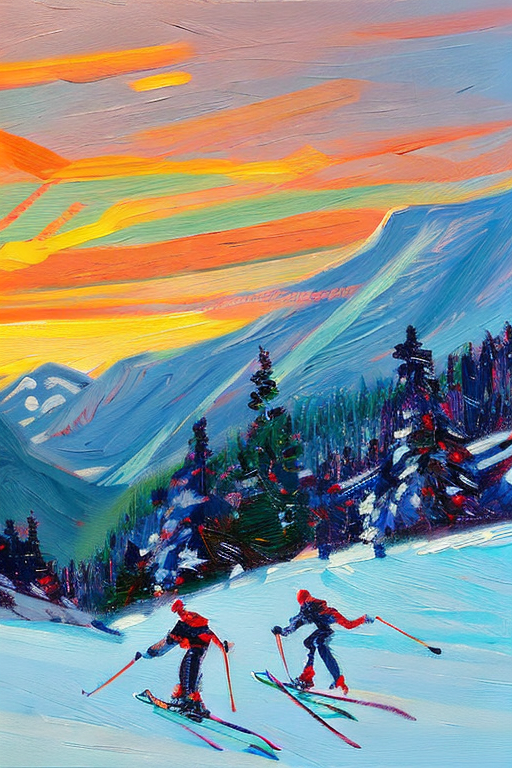 AI generated art representing "skiers, skiing in the alps, viewed from afar, at golden hour, beautifully lit sky. "
