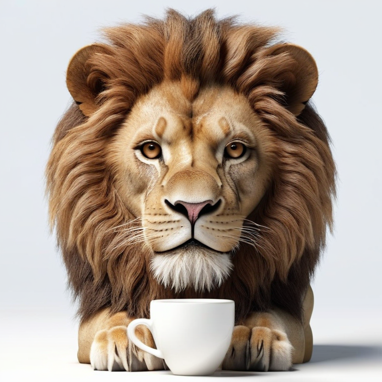 white background, front shot studio 3D render of espresso lion  looks at viewer, cinematic shot