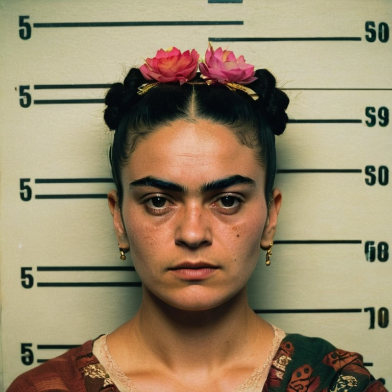 front shot, mugshot photo of a woman who looks like frida kahlo  looks at viewer, cinematic shot