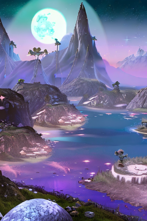 AI generated art representing "in a distant fairytale dreamland, big stars glow in the sky, lit by a full moon, in the foreground you see sky islands with waterfalls floating in the sky. "