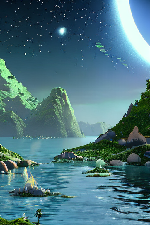 An AI generated image representing "in a distant magical disney kingdom, dreamy lighting, big stars glow in the sky, lit by a full moon, in the foreground you see sky islands with waterfalls floating in the sky above a calm ocean, reflecting the scene. "