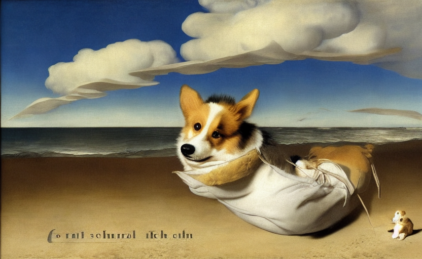 Corgi with tail at the beach by Rembrandt by Rene Magritte surrealist