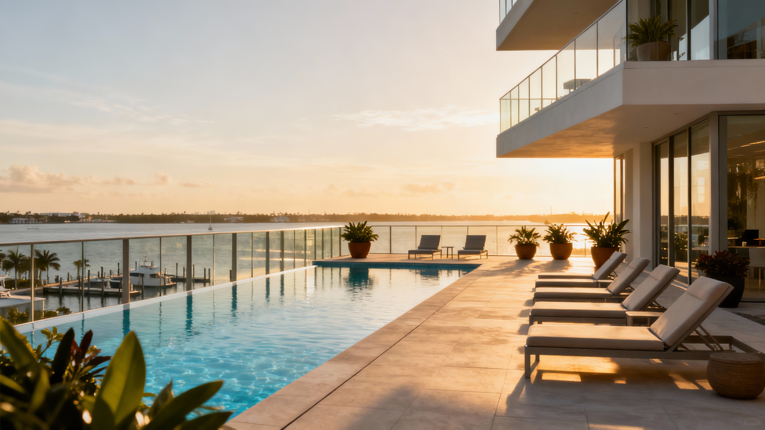 Rooftop pool and amenity deck at La Baia with panoramic views of Bay Harbor