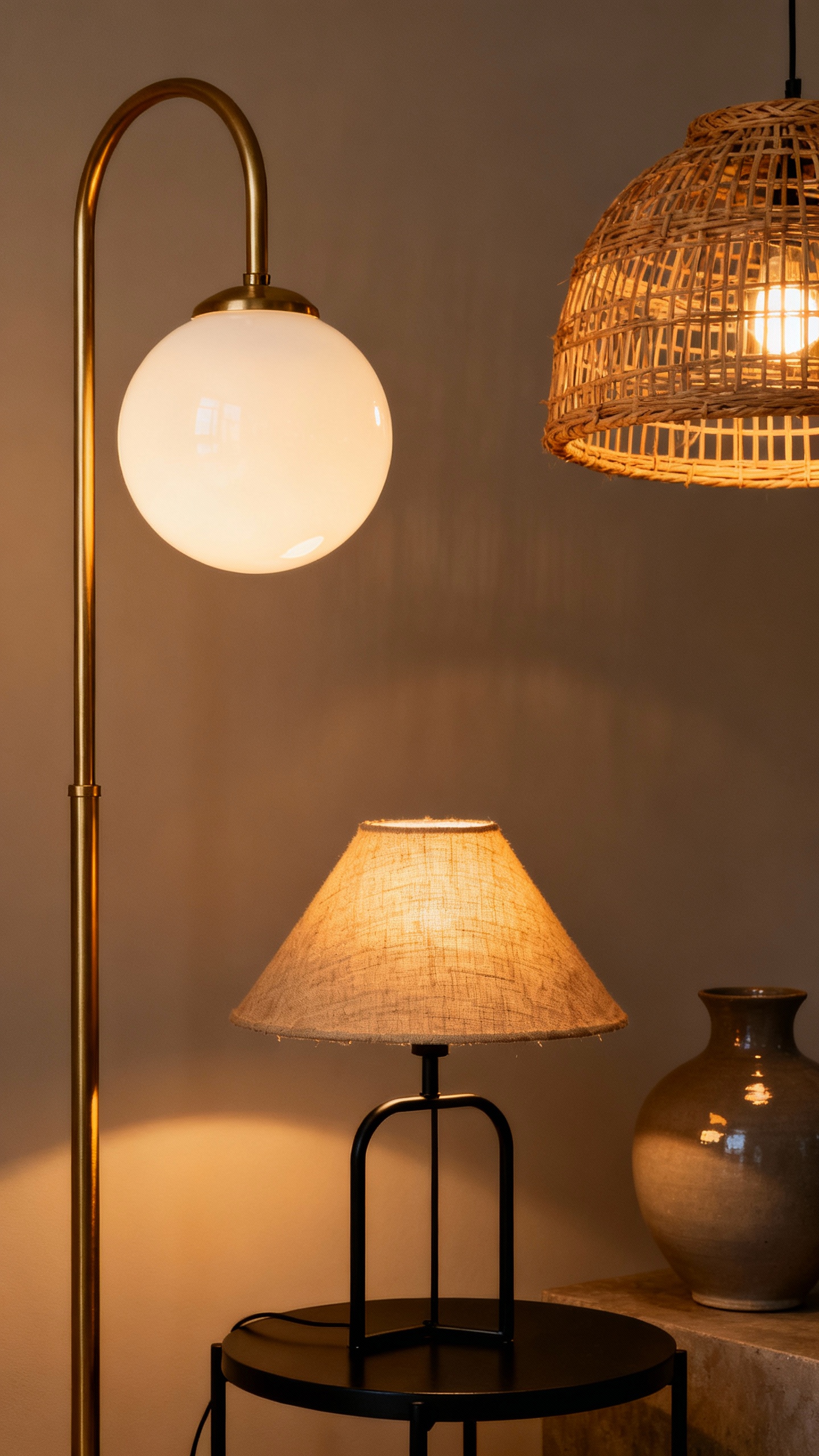 Medium vignette: Mixed-material lighting ensemble—brass floor lamp with opal glass globe, a black metal table lamp topped with a natural linen shade, and a rattan pendant near a matte ceramic vase; warm layered glow showing how each material bounces light differently; rich textures and soft diffusion, photorealistic.