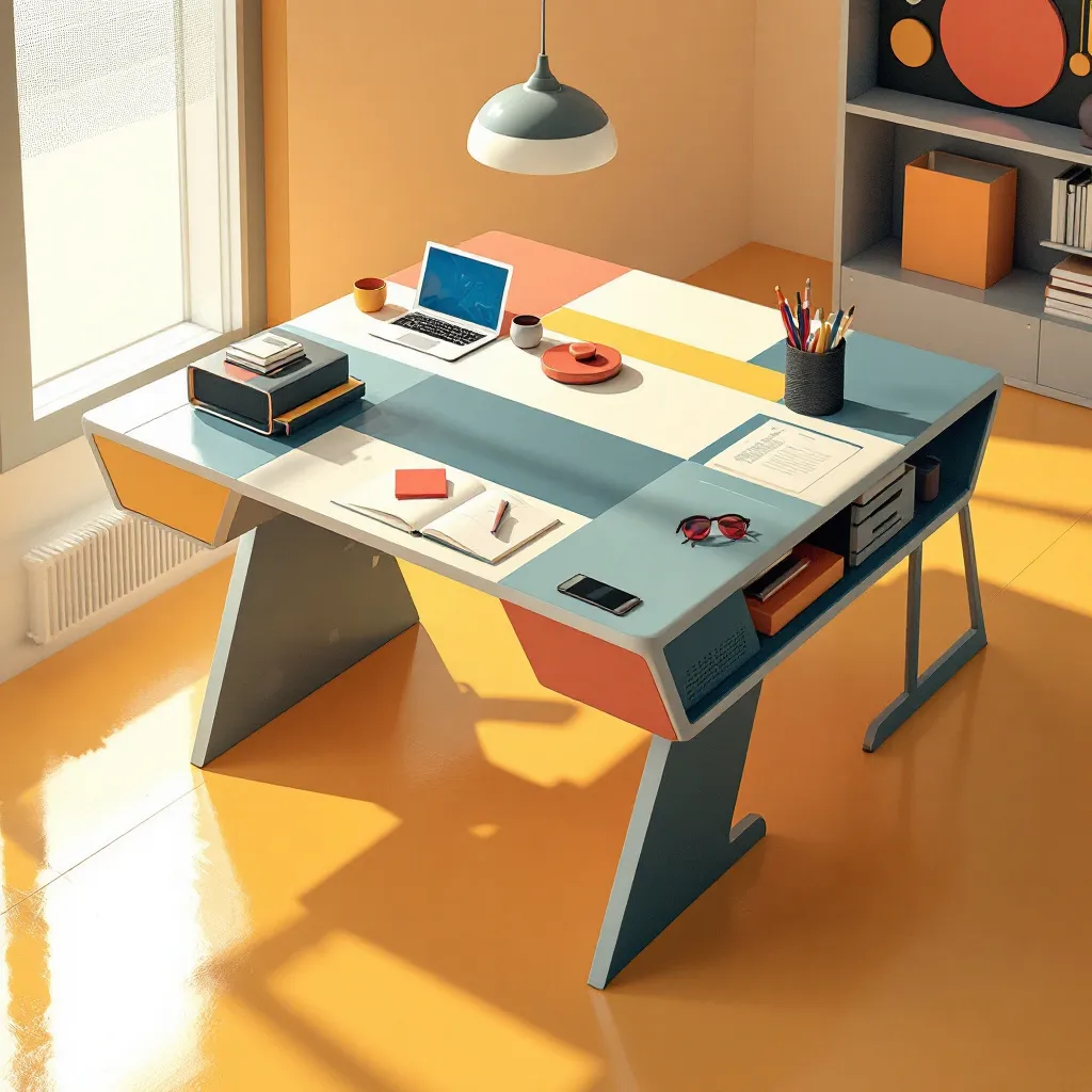 Futuristic classroom desk with geometric patterns and student materials. Rendered in the style of De Stijl.