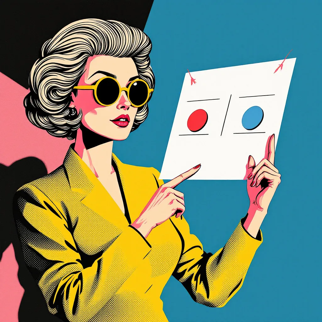 Mrs. Parker pointing to a chart with two options, Rendered in the style of Surrealist Pop Art, featuring bold, flat colors with a strong emphasis on geometric forms and contrasts. The composition includes a playful yet enigmatic approach, blending elements of surrealism and pop culture with a modern, graphic design aesthetic. The imagery is both striking and thought-provoking, employing minimalistic yet impactful visual elements to create a sense of mystery and intrigue. 