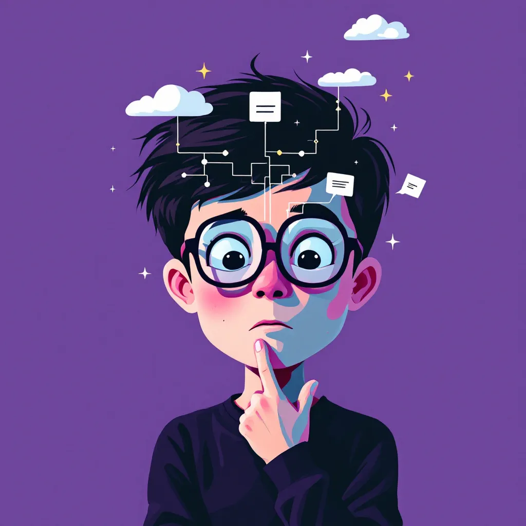 Timmy, 9 year old kid with glasses looking thoughtful with decision tree chart,Rendered in the style of Surrealist Pop Art, featuring bold, flat colors with a strong emphasis on geometric forms and contrasts. The composition includes a playful yet enigmatic approach, blending elements of surrealism and pop culture with a modern, graphic design aesthetic. The imagery is both striking and thought-provoking, employing minimalistic yet impactful visual elements to create a sense of mystery and intrigue. 