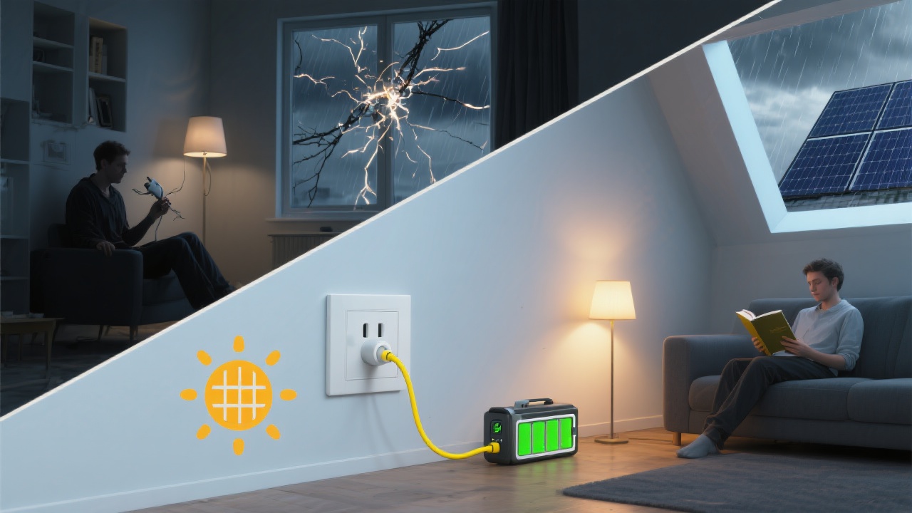 Meme showing a house with power during a blackout thanks to solar panels, while the neighbor's house is dark.