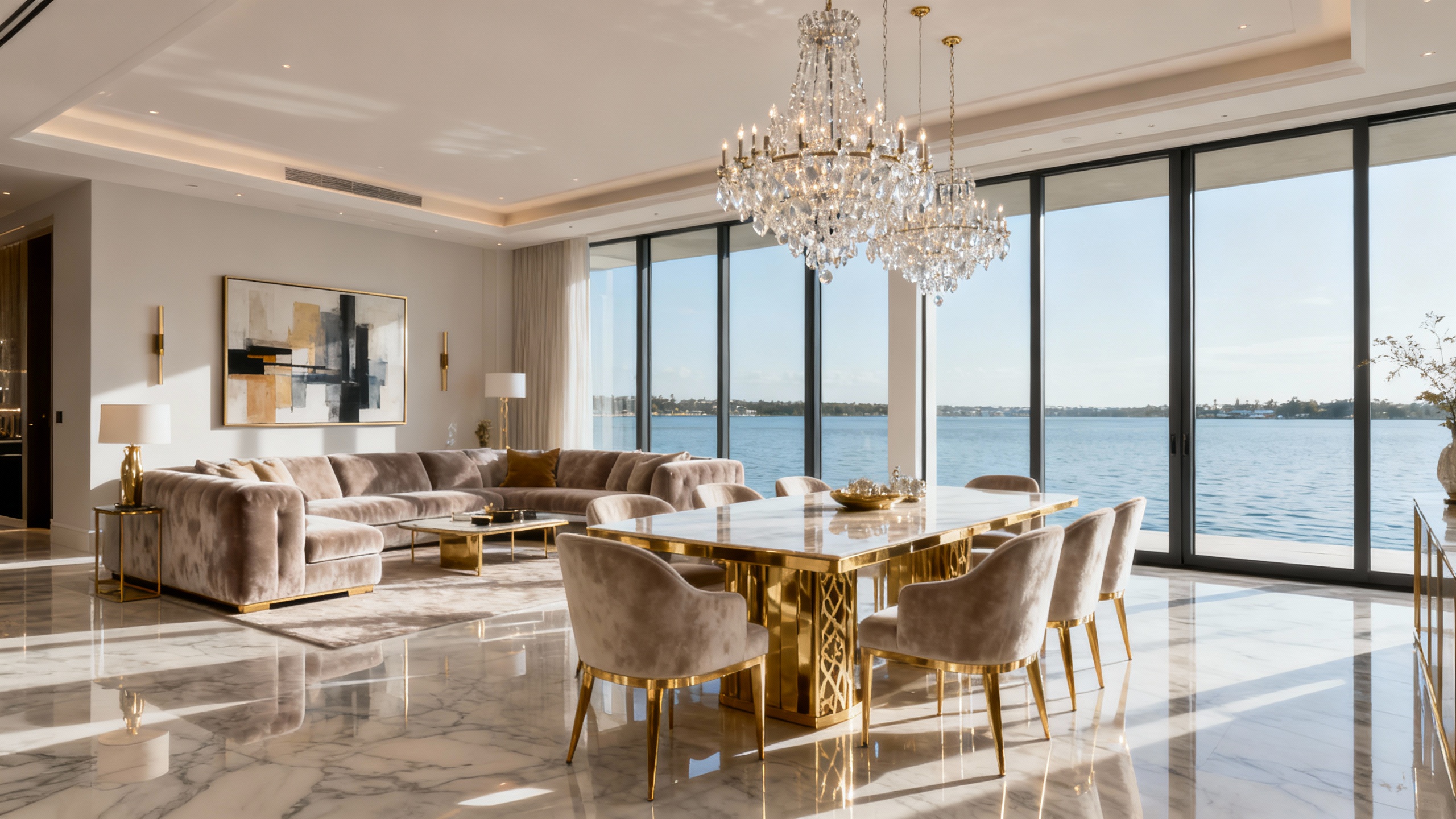 Interior of a luxurious La Baia residence with floor-to-ceiling windows overlooking the water