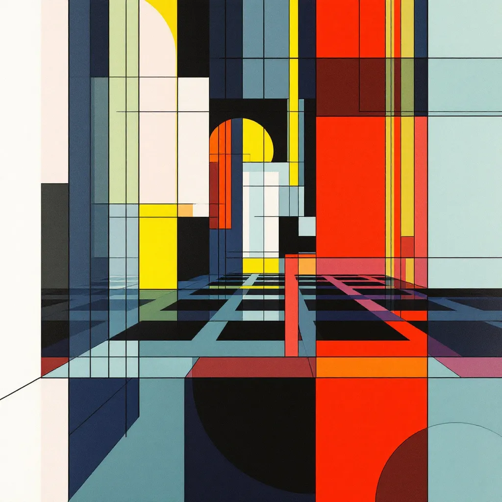 Classroom interior with geometric De Stijl patterns and holographic display. Rendered in the style of De Stijl, characterized by a strict geometry of vertical and horizontal lines and forms, using a limited palette of primary colors along with black and white. The composition emphasizes harmony and balance, creating a sense of order and abstraction. 