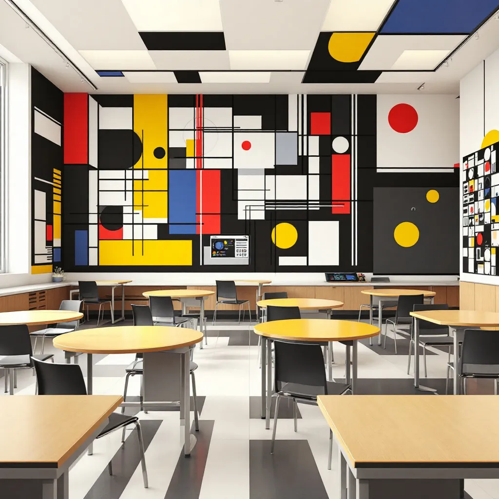 Classroom interior with geometric De Stijl patterns and interactive displays. Rendered in the style of De Stijl, characterized by a strict geometry of vertical and horizontal lines and forms, using a limited palette of primary colors along with black and white. The composition emphasizes harmony and balance, creating a sense of order and abstraction. 