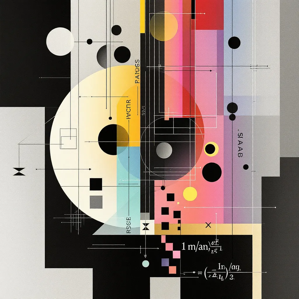 Holographic display with geometric shapes and equations. Rendered in the style of De Stijl, characterized by a strict geometry of vertical and horizontal lines and forms, using a limited palette of primary colors along with black and white. The composition emphasizes harmony and balance, creating a sense of order and abstraction. 
