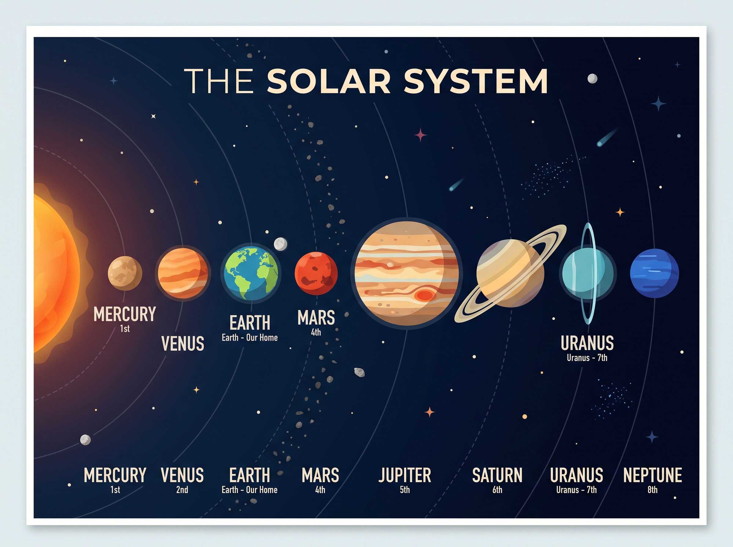 A solar system infographic with clean typography