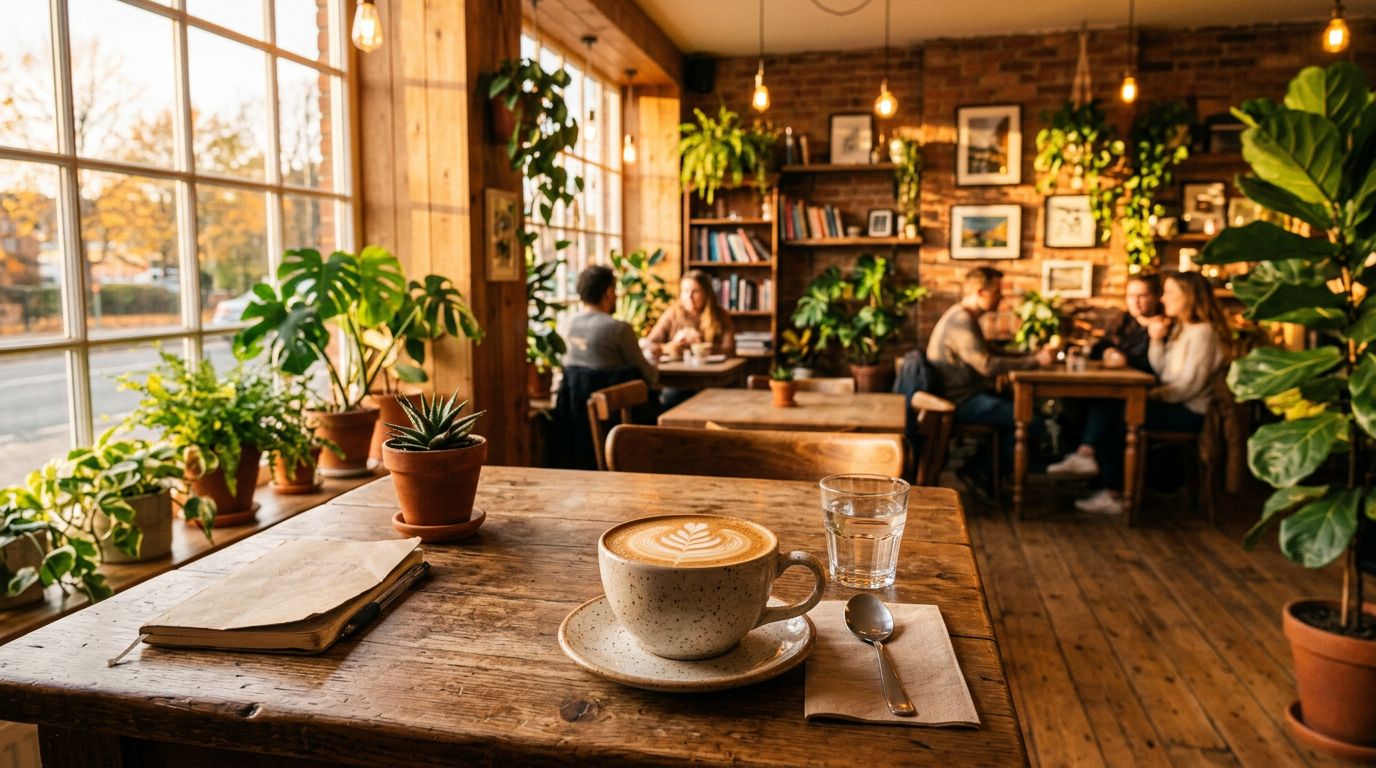 A cozy café interior at golden hour