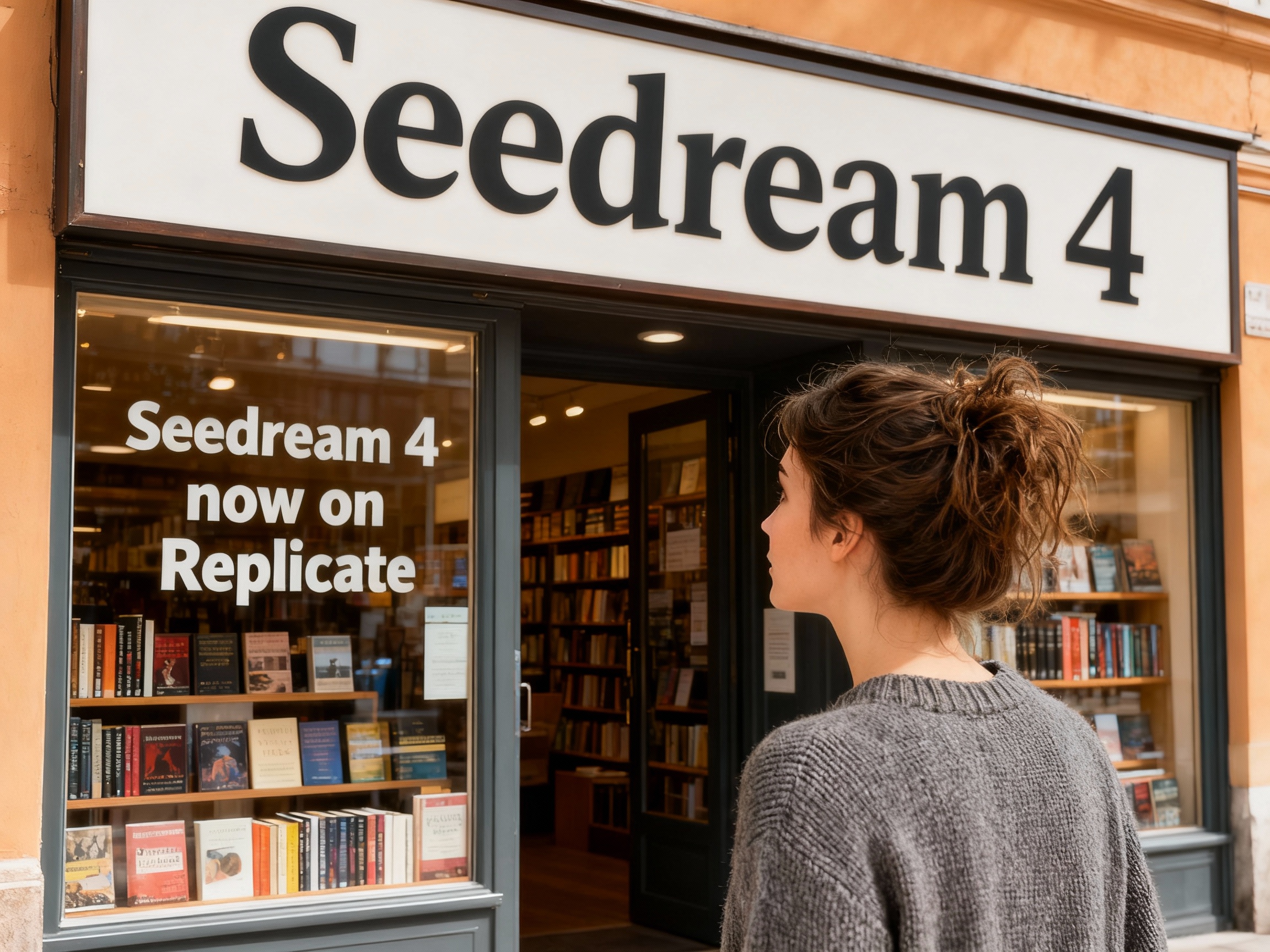 a selection of photos of this woman looking at a store front and perusing a book shop that's called "Seedream 4", it sells books, a poster in the window says "Seedream 4 now on Replicate"