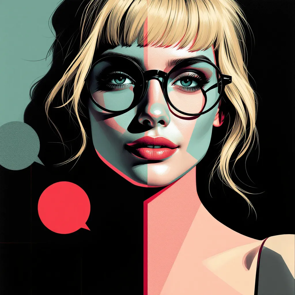 Young Mrs. Parker with round glasses, blonde hair, smiling confidently, Rendered in the style of Surrealist Pop Art, featuring bold, flat colors with a strong emphasis on geometric forms and contrasts. The composition includes a playful yet enigmatic approach, blending elements of surrealism and pop culture with a modern, graphic design aesthetic. The imagery is both striking and thought-provoking, employing minimalistic yet impactful visual elements to create a sense of mystery and intrigue. 