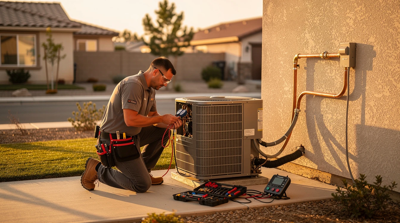 Sierra Climate Co. HVAC technician servicing residential air conditioning unit in Fresno, California