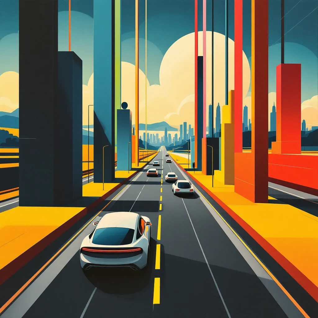 Futuristic road with cars with a view of a city skyline . Rendered in the style of De Stijl, characterized by a strict geometry of vertical and horizontal lines and forms, using a limited palette of primary colors along with black and white. The composition emphasizes harmony and balance, creating a sense of order and abstraction. 