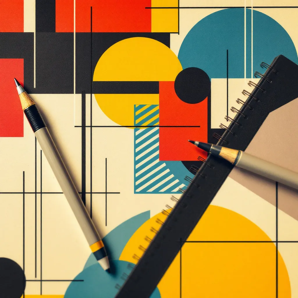 Close-up of a student's desk with geometric patterns and a notebook. Rendered in the style of De Stijl, characterized by a strict geometry of vertical and horizontal lines and forms, using a limited palette of primary colors along with black and white. The composition emphasizes harmony and balance, creating a sense of order and abstraction. 