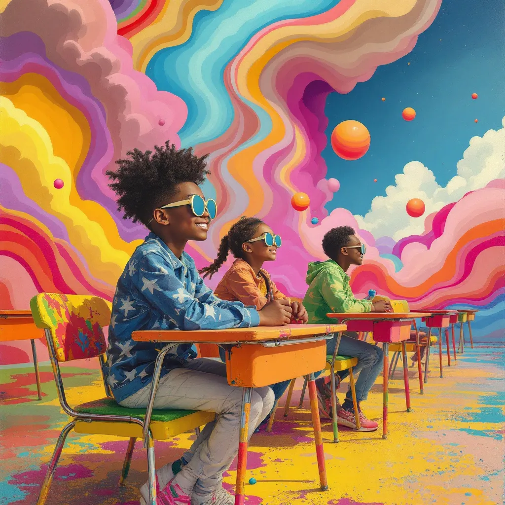 Engaged students sitting at colorful desks, Surrealist Pop Art