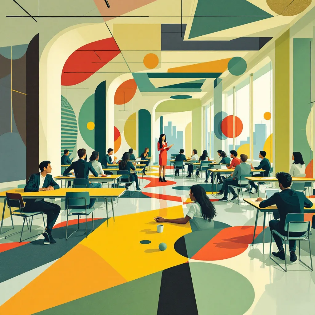 Futuristic classroom with geometric patterns and engaged students. Rendered in the style of De Stijl.