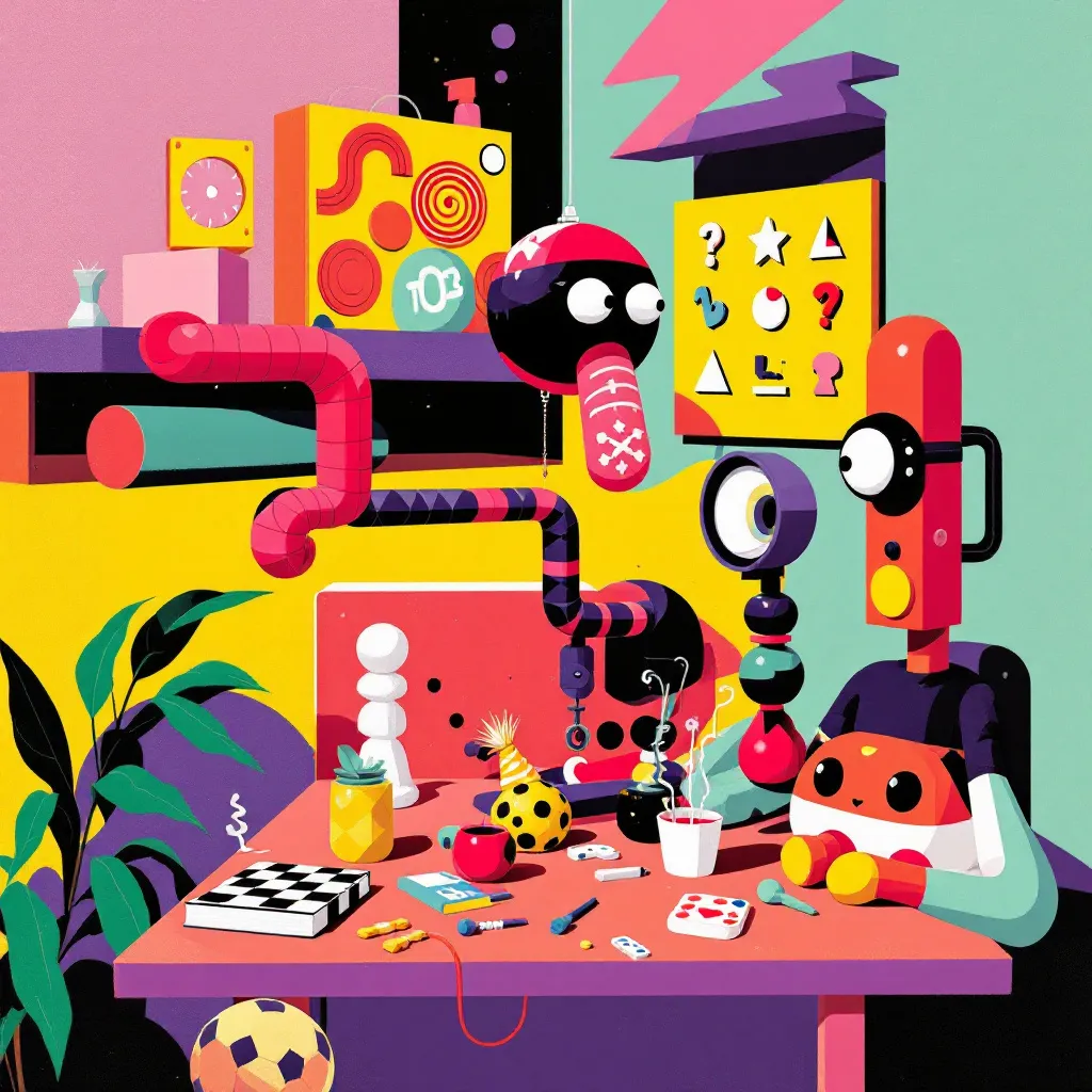 Playful corner with board games, Rendered in the style of Surrealist Pop Art, featuring bold, flat colors with a strong emphasis on geometric forms and contrasts. The composition includes a playful yet enigmatic approach, blending elements of surrealism and pop culture with a modern, graphic design aesthetic. The imagery is both striking and thought-provoking, employing minimalistic yet impactful visual elements to create a sense of mystery and intrigue. 