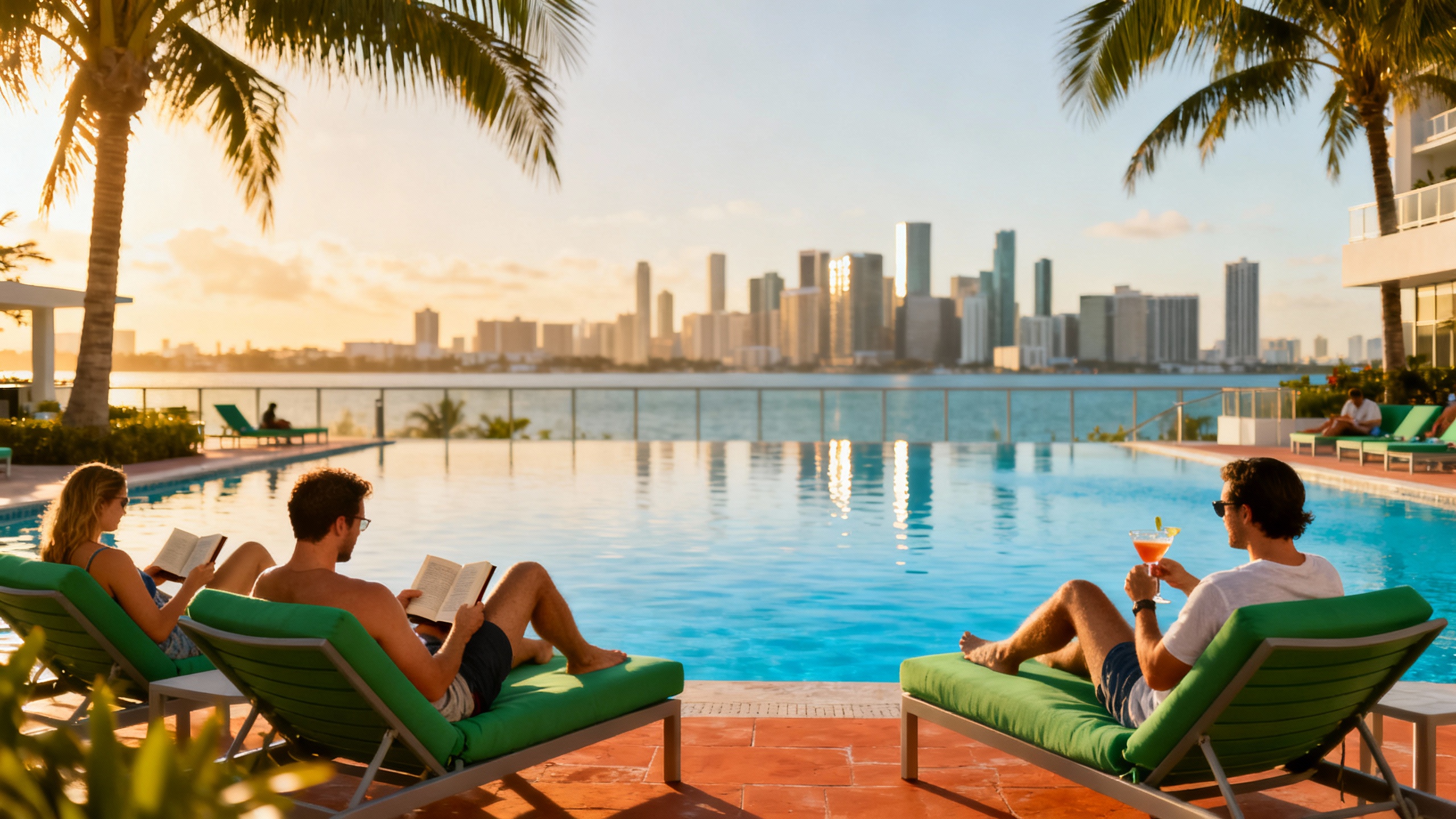 Residents relaxing by the serene rooftop pool at Five Park with panoramic views of the Miami skyline
