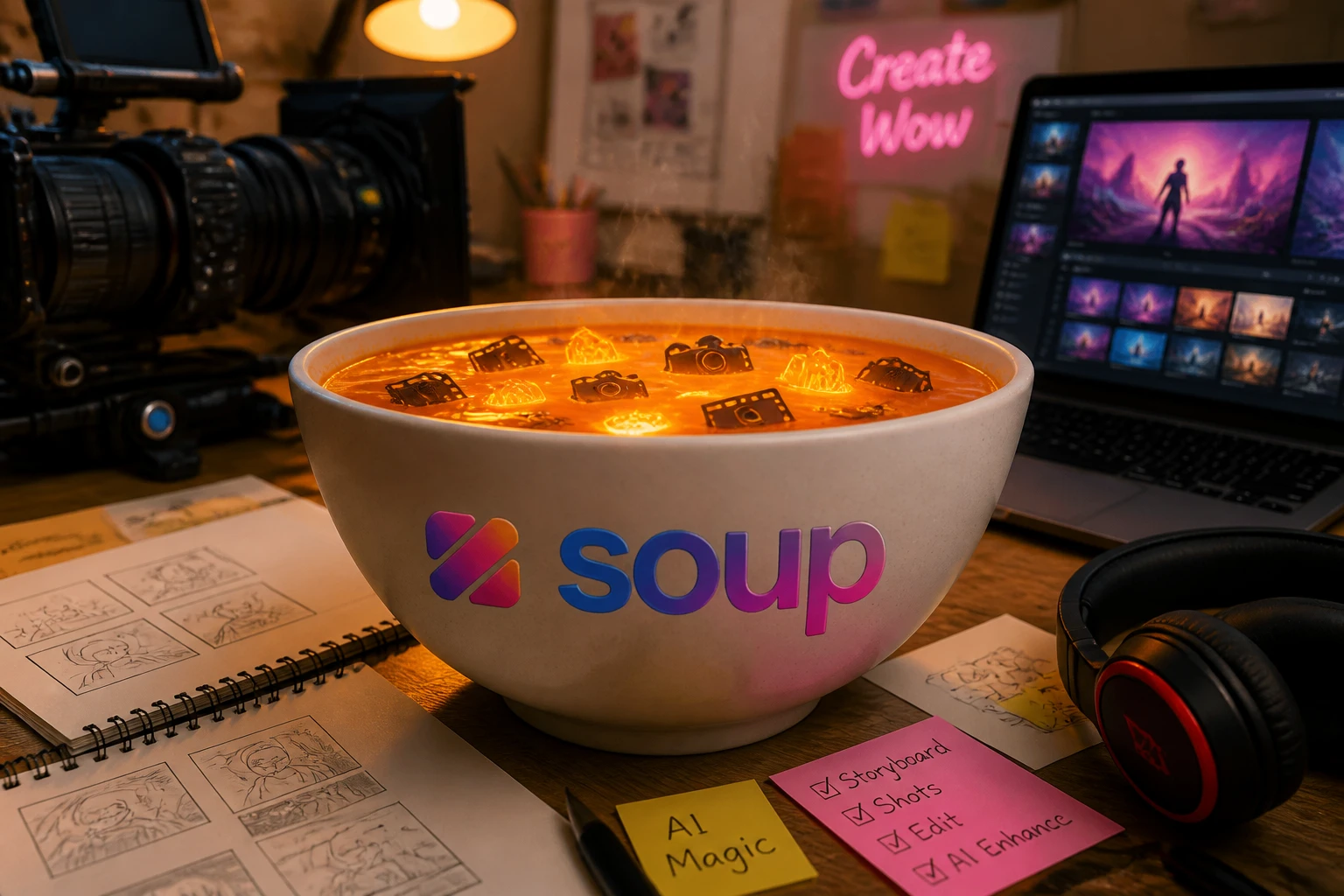 Ceramic Soup.video bowl on a creative studio desk