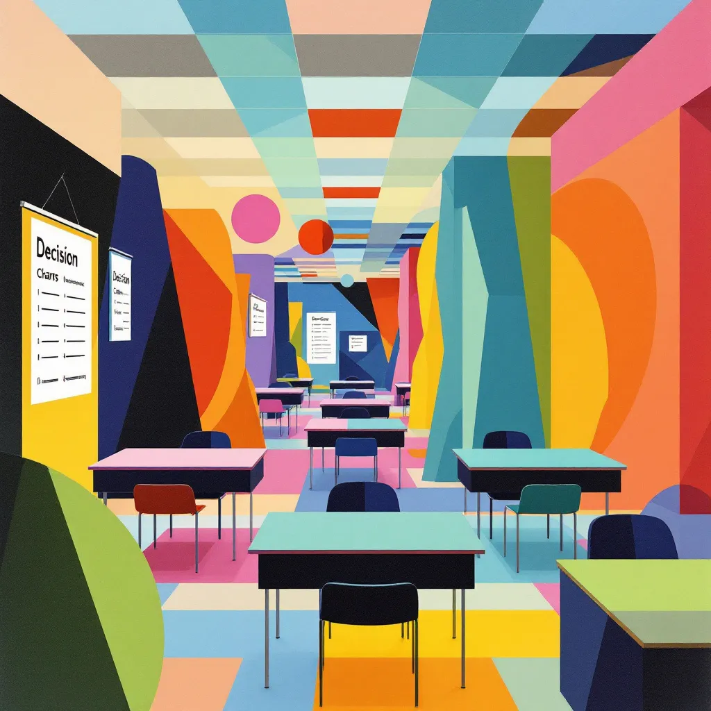Colorful classroom with geometric shapes with decision charts on the walls, Rendered in the style of Surrealist Pop Art, featuring bold, flat colors with a strong emphasis on geometric forms and contrasts. The composition includes a playful yet enigmatic approach, blending elements of surrealism and pop culture with a modern, graphic design aesthetic. The imagery is both striking and thought-provoking, employing minimalistic yet impactful visual elements to create a sense of mystery and intrigue. 