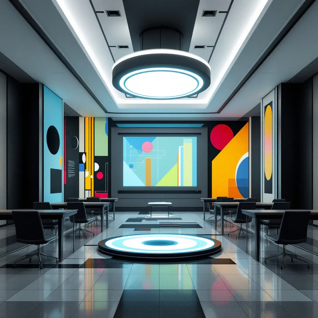 Futuristic classroom with geometric patterns, smart board, and holographic display. Rendered in the style of De Stijl, characterized by a strict geometry of vertical and horizontal lines and forms, using a limited palette of primary colors along with black and white. The composition emphasizes harmony and balance, creating a sense of order and abstraction. 