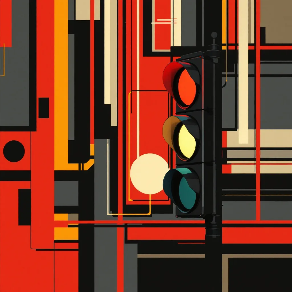 A futuristic stop light. Rendered in the style of De Stijl, characterized by a strict geometry of vertical and horizontal lines and forms, using a limited palette of primary colors along with black and white. The composition emphasizes harmony and balance, creating a sense of order and abstraction. 