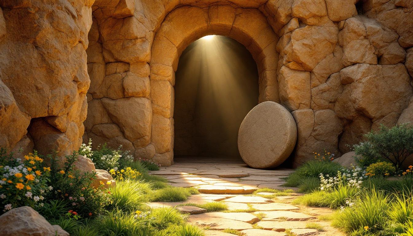 Empty tomb with the stone rolled away in a garden setting, representing the resurrection of Jesus Christ