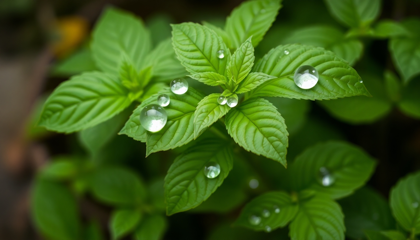 A vibrant green Holy Basil (Tulsi) plant with dewdrops on its leaves, symbolizing its natural stress-relieving properties