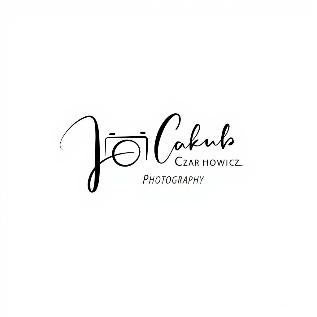 black stylish calligraphy on white background, A simple camera illustration is integrated within the