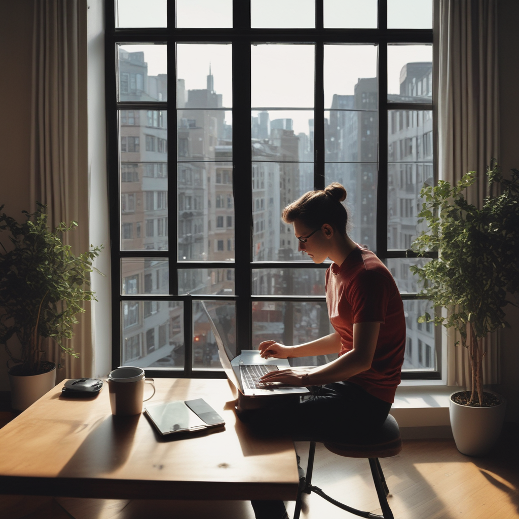 Person working on laptop by window