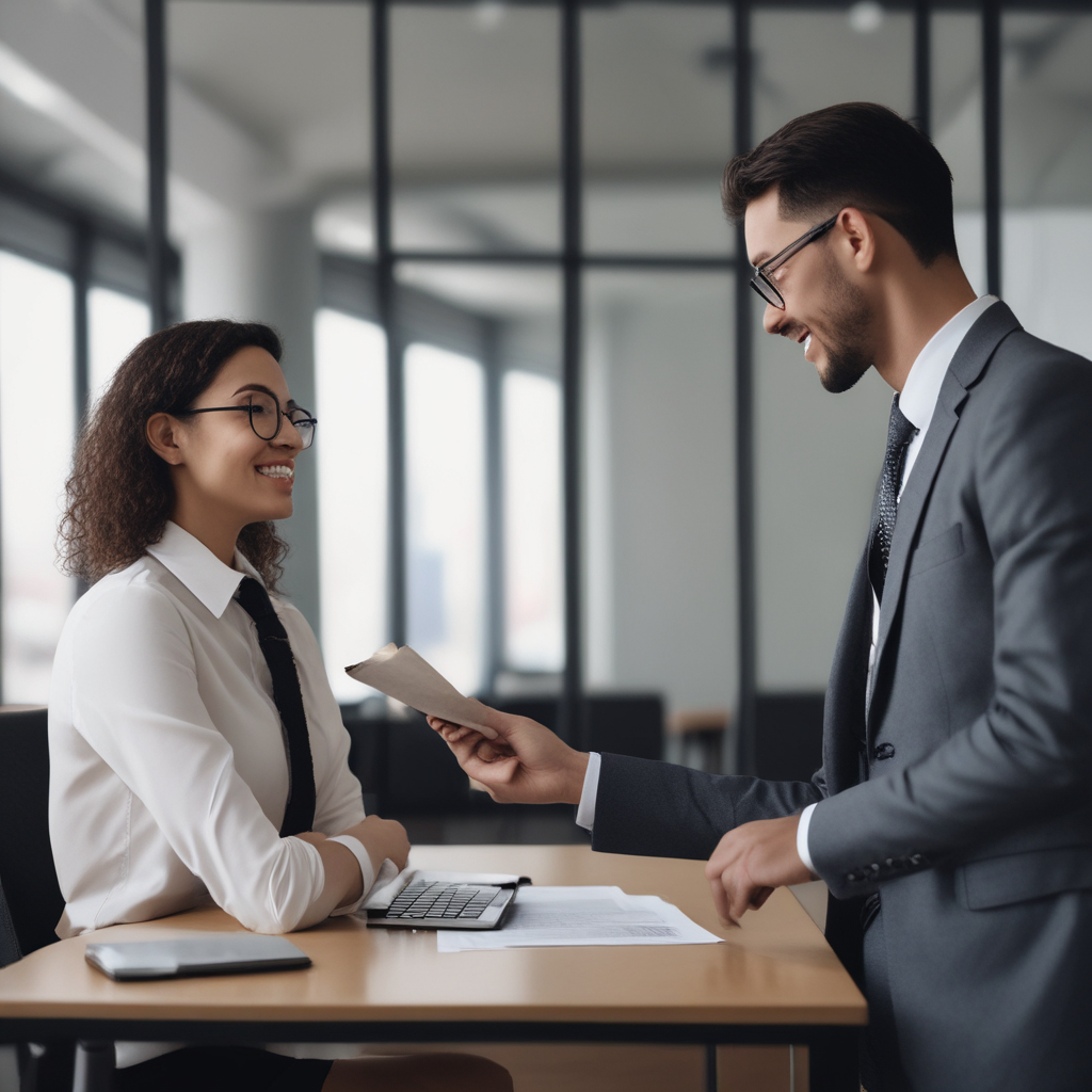 Two people in business attire having a discussion