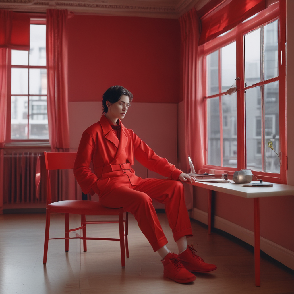 A person in a red outfit sitting indoors