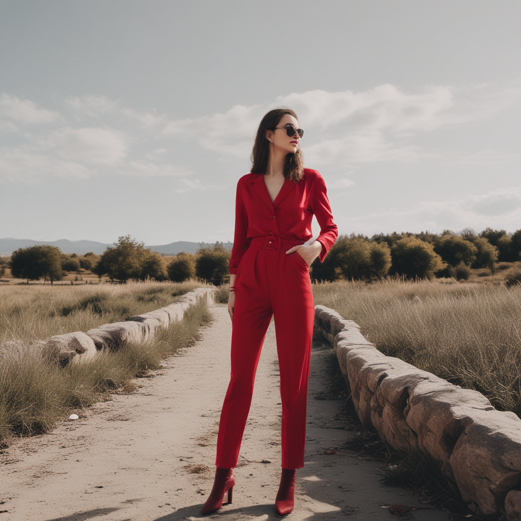 A person in a red outfit posing outdoors