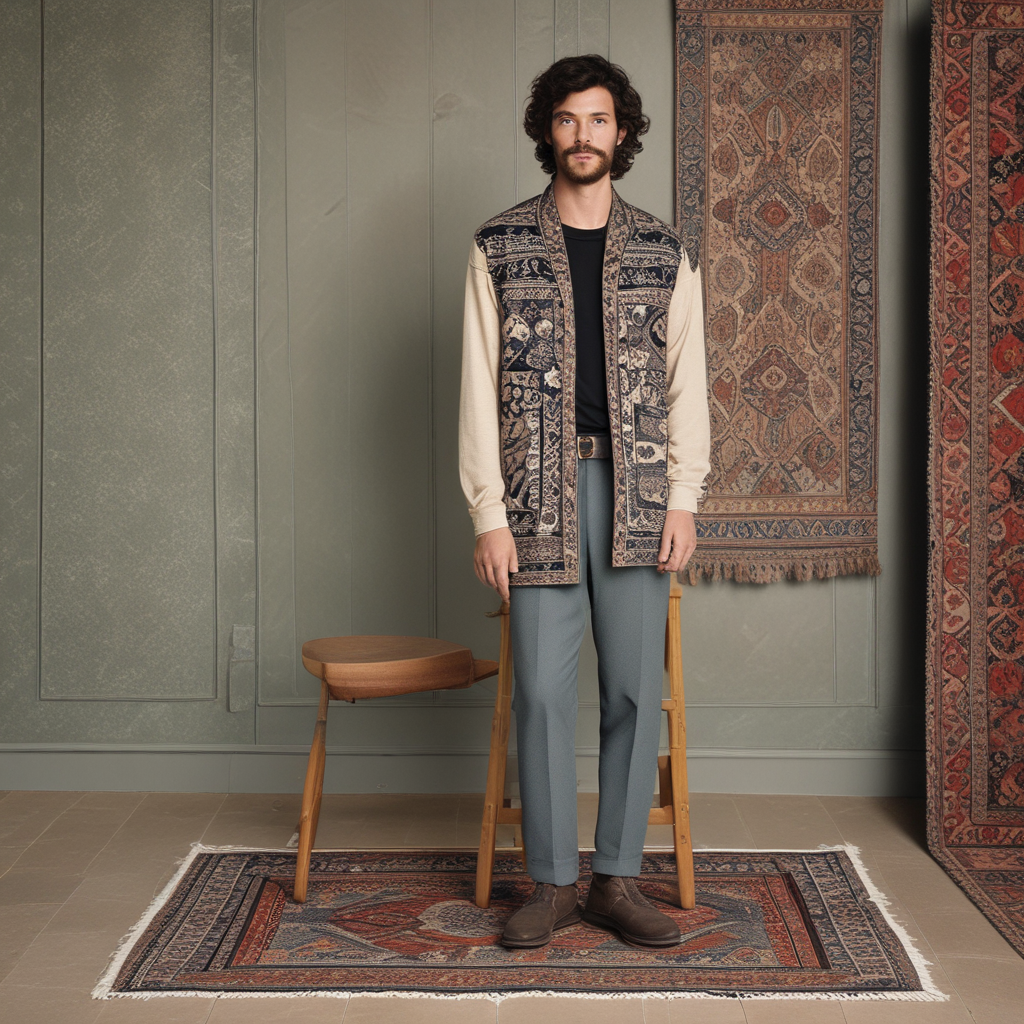 A man standing on a wooden stool with a patterned rug behind him